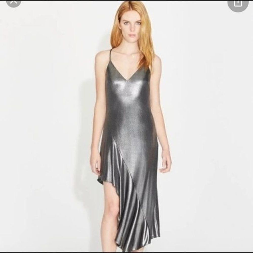 Halston Heritage Women Asymmetric Hem “ Steel “Evening Dress Size 2 NWT